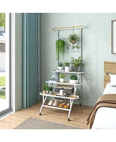 4-Tier Hanging Plant Stand Ladder Plant Shelf with Hanging Bar & Trellis