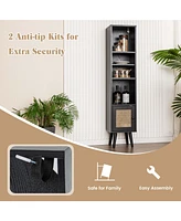 Costway Rattan Storage Cabinet Freestanding Slim Organizer Wood Display Rack Living Room