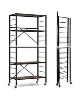 Costway 2 Pcs 5-Tier Folding Shelf Free Diy Design Shelving Unit with 4 Universal Wheels