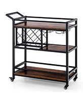 Costway 3-tier Bar Cart on Wheels Home Kitchen Serving with Wine Rack & Glass Holder