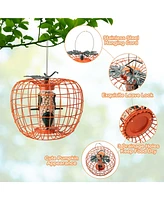 Costway Squirrel-Proof Pumpkin Bird Feeder with Cage 4 Metal Ports 4 Perches Drainage Hole