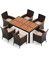 Costway 7 Pieces Outdoor Wicker Dining Set with Acacia Wood Table and 6 Stackable Chairs