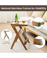 Costway Rattan Side Table Bamboo Accent Bedside with Tempered Glass Top