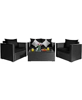 Gymax 8PCS Rattan Patio Conversation Set Outdoor Furniture Set w/ Black Cushions