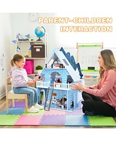 Wooden Dollhouse 3-Story Pretend Playset W/ Furniture & Doll Gift for Age 3+ Year