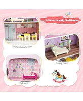 Costway Kids Kitchen Playset & Dollhouse 2-In-1 W/ Accessories & Furniture For Toddlers