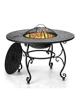 35.5'' Patio Fire Pit Dining Table Charcoal Wood Burning W/ Cooking Bbq Grate