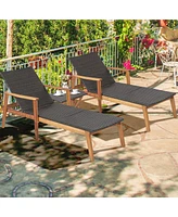 Costway 2PCS Patio Rattan Lounge Chair Chaise Recliner Wood Back Adjust W/Folding Table