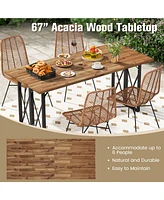 Costway 67'' Patio Rectangle Table Heavy-Duty Acacia Wood Dining Table with Umbrella Hole