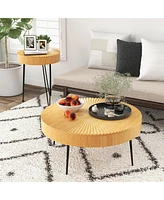 Costway Farmhouse Round Coffee Table Set of 2 End Table Natural Finish for Living Room