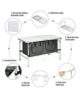 Gymax Folding Camping Table Aluminum Height Adjustable with Storage Organizer Grey