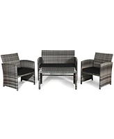 Gymax 8PCS Patio Outdoor Rattan Conversation Furniture Set w/ Black Cushion