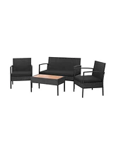 Gymax 4PCS Rattan Patio Conversation Furniture Set Outdoor Sofa Set w/ Black Cushions