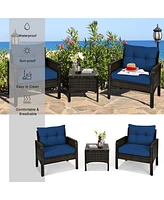 Gymax 3PCS Rattan Patio Conversation Furniture Set Yard Outdoor w/ Navy Cushions