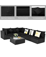 Gymax 7PCS Rattan Patio Conversation Set Sectional Furniture Set w/ Black Cushion