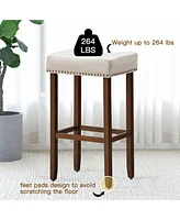 Costway Set of 2 Nailhead Saddle Bar linen Stools 29.5'' Height W/ Fabric Seat & Wood Legs