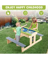 Costway 3-in-1 Kids Picnic Table Outdoor Wooden Water Sand Table w/ Play Boxes