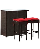 Costway 3PCS Patio Rattan Wicker Bar Table Stools Dining Set Cushioned