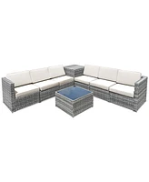 Gymax 8PCS Patio Rattan Sofa Sectional Conversation Furniture Set w/ White Cushion