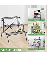 3-Tier Metal Plant Stand with Widened Grid Shelf for Porch Garden