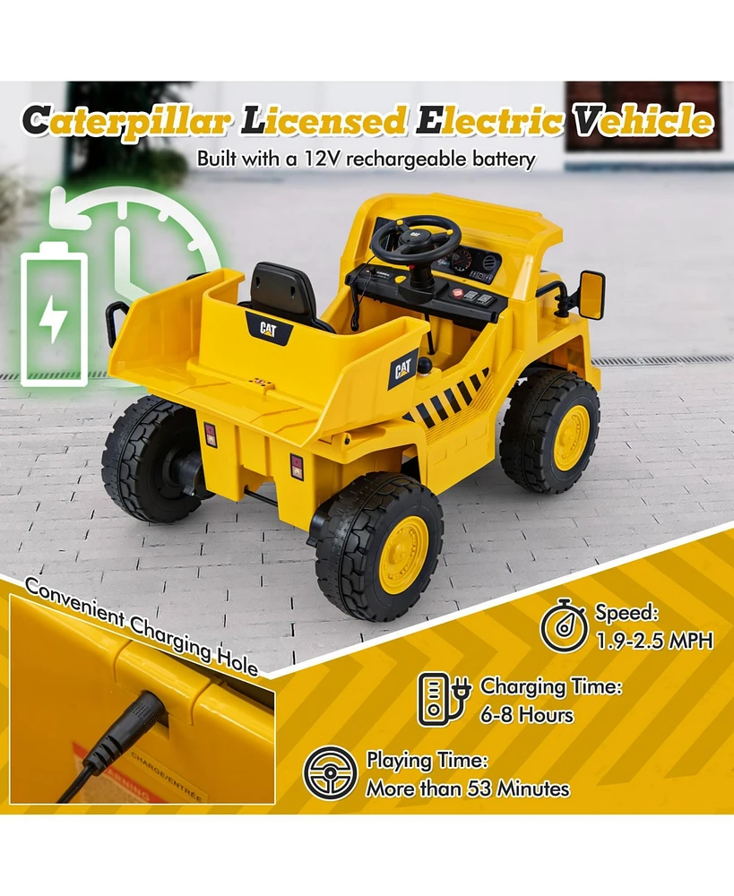 Slickblue 12V Caterpillar Licensed Kids Ride on Dump Truck with Tiltable Bump Bed-Yellow