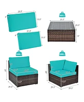 Gymax 6PCS Rattan Outdoor Sectional Sofa Set Patio Furniture Set w/ Turquoise Cushions