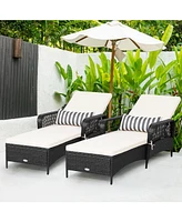 Gymax Set of 2 Adjustable Patio Rattan Lounge Chair Chaise Recliner w/ Cushion & Pillow
