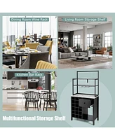 Kitchen Bakers Rack Freestanding Wine Rack Table with Glass Holder and Drawer-Black