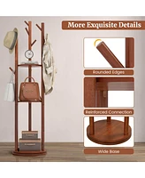 Costway Freestanding Wooden Coat Tree 360° Rotary Coat Rack with 3 Display Storage Shelves