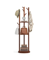 Costway Freestanding Wooden Coat Tree 360° Rotary Coat Rack with 3 Display Storage Shelves