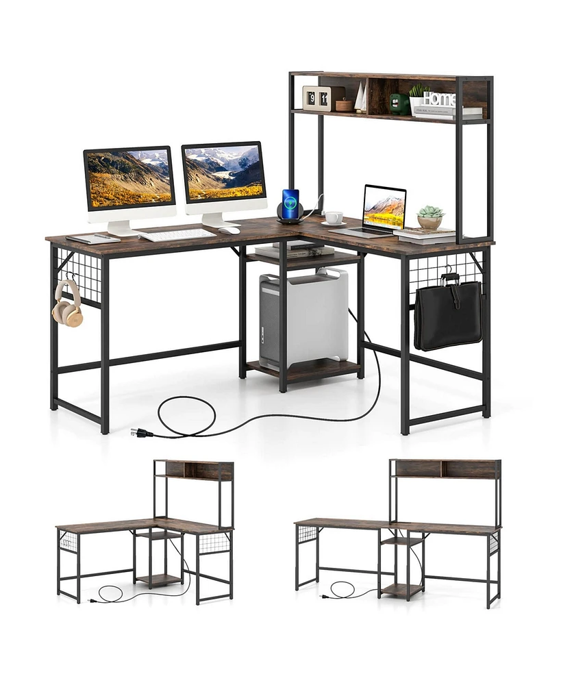 Costway L-shaped Desk with Power Outlet Large Corner Converts to 2-Person Long Rustic