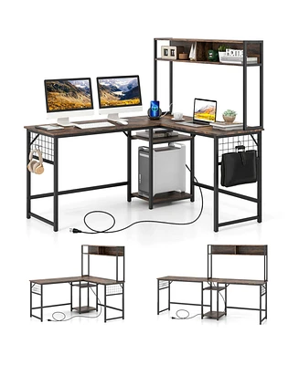 Costway L-shaped Desk with Power Outlet Large Corner Converts to 2-Person Long Rustic