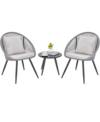 Costway 3 Piece Patio Furniture Set with Seat & Back Cushions, Tempered Glass Tabletop