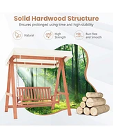 Costway Wood Porch Swing with Canopy Outdoor Patio 2-Seat Swing Bench with Cushions Backyard