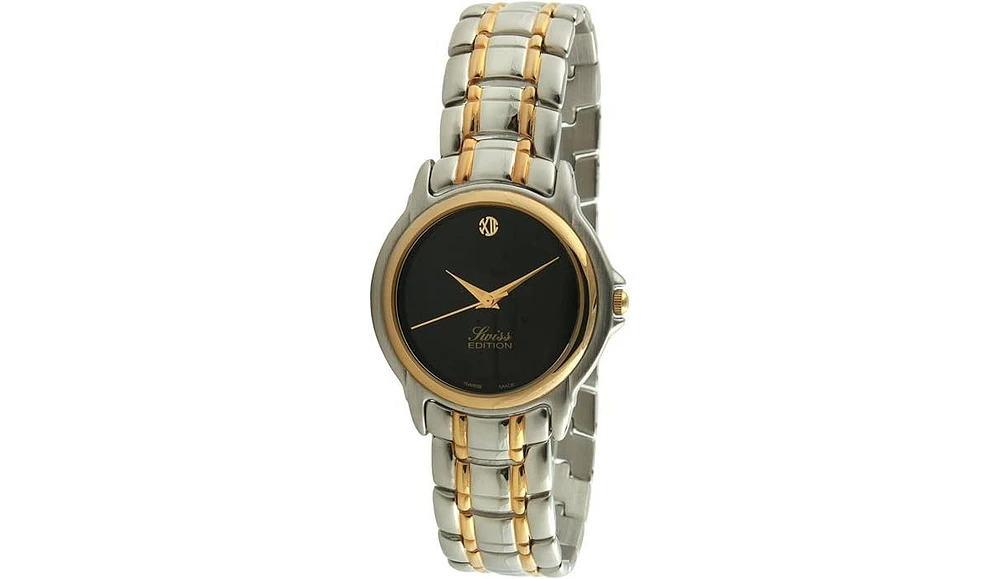 Swiss Edition Men's Two-Tone Bracelet Dress Watch with Gold Plated Bezel and Black Dial