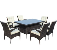 Patio 7-Piece Rectangular Dining Set With 6 Dining Chairs (Brown & Cushion)