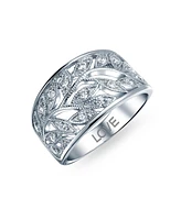 Bling Jewelry Pave Cubic Zirconia Open Filigree Wide Leaves Leaf Band Ring For Women Sterling Silver