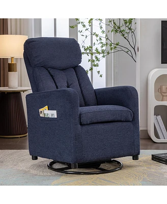 Streamdale Furniture Linen Fabric Swivel Rocking Chair Gilder Chair With Pocket, Navy Blue