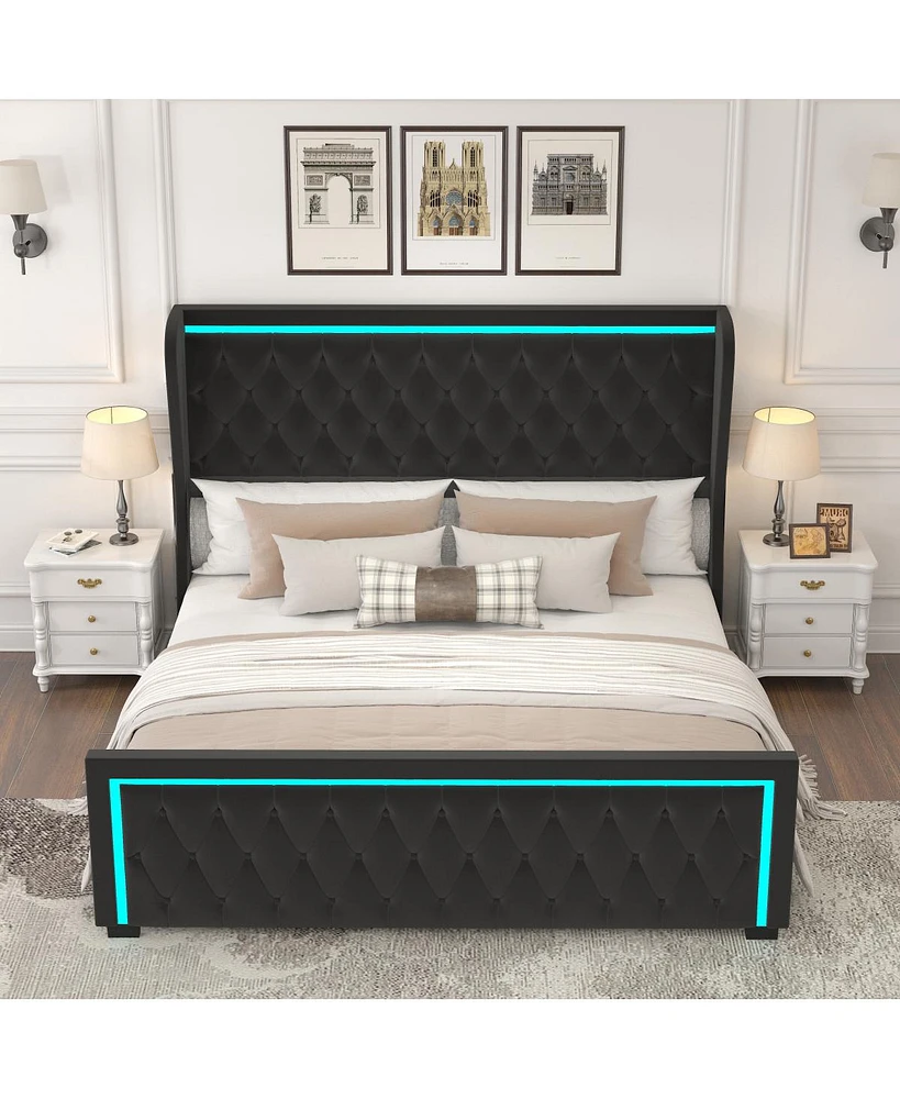 Simplie Fun Velvet Upholstered Queen Bed Frame With Led Light Headboard