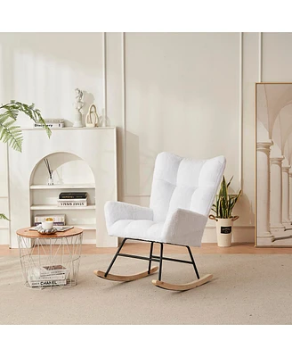 Simplie Fun White Faux Fur Rocking Chair with Solid Wood Legs