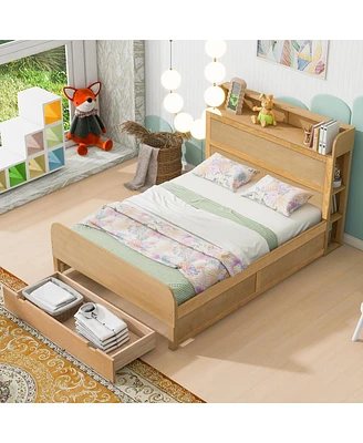 Streamdale Furniture Full Size Platform Bed With Storage Headboard And A Big Drawer, Wood Color