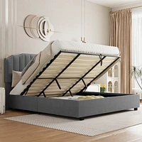 Lift Up Queen Size Bed Velvet Grey