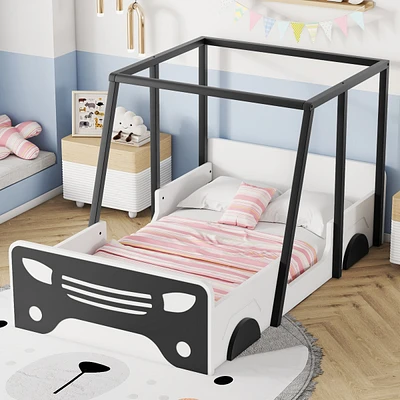 Simplie Fun Car-Shaped Twin Bed with Roof and Wheels