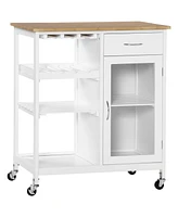 Simplie Fun White Rolling Kitchen Island with Storage & Wine Rack