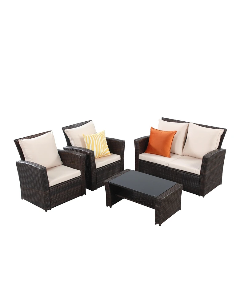 Simplie Fun 4-Pieces Outdoor Patio Furniture Set Pe Rattan Wicker With Brown