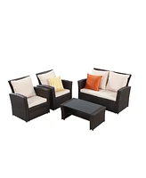 Simplie Fun 4-Pieces Outdoor Patio Furniture Set Pe Rattan Wicker With Brown