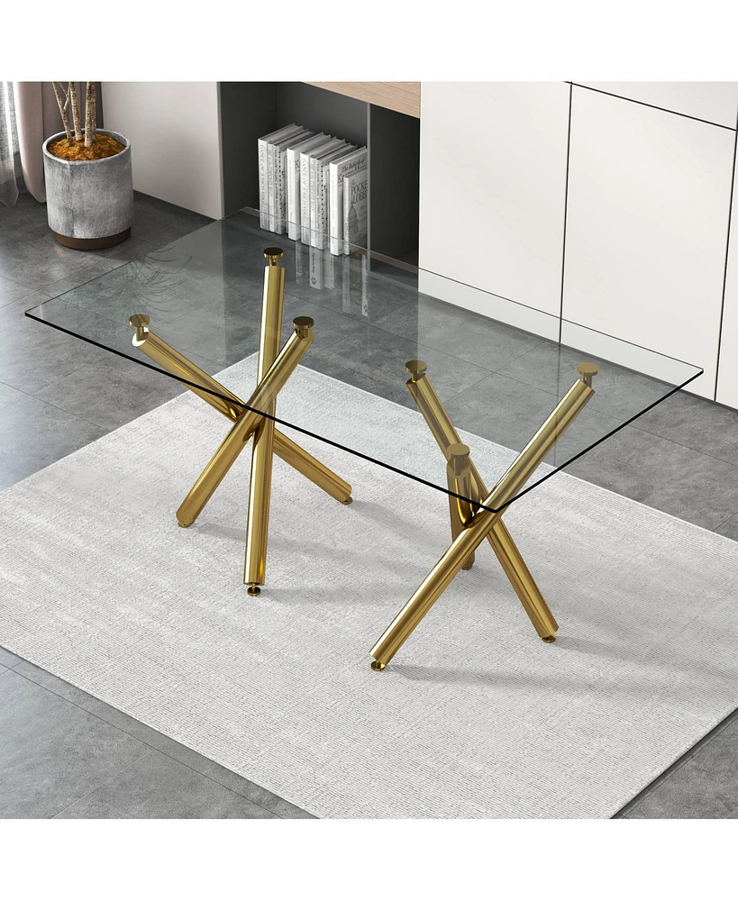 Simplie Fun Modern Glass Dining Table for 6-8 with Golden Metal Legs