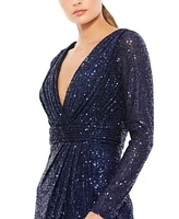 Mac Duggal Women's Floor-Length Sequin Gown Featuring Long Sleeves and Sheer Accents