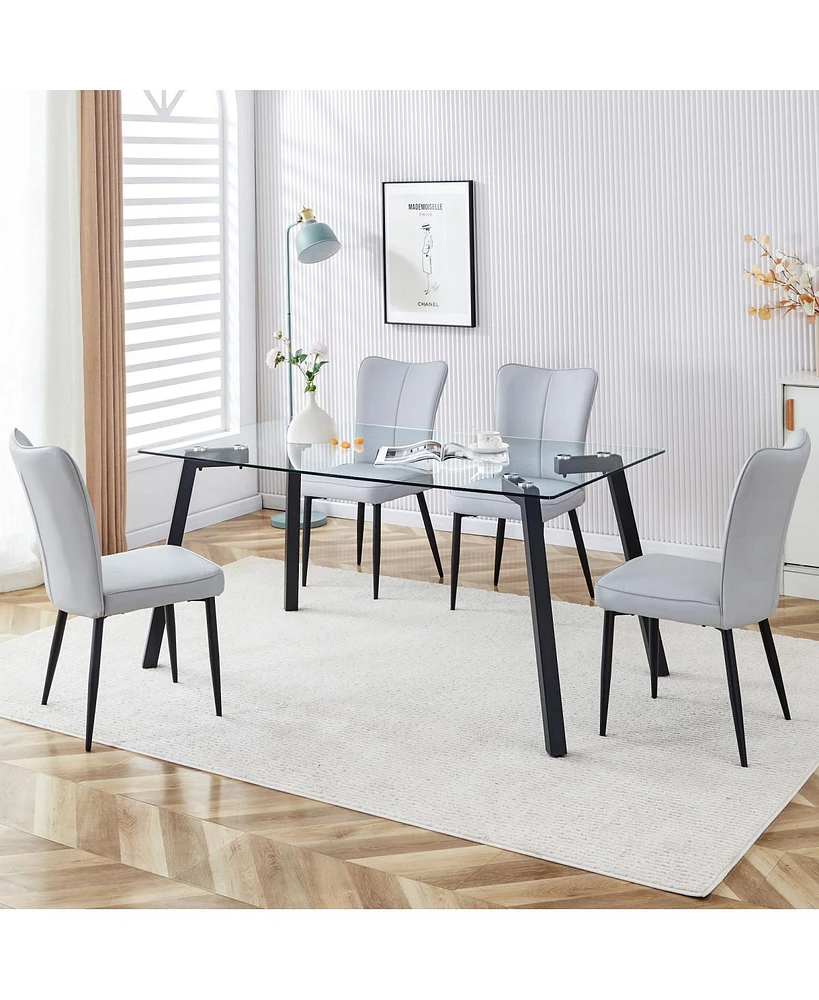 Simplie Fun Glass Dining Set with 4 Light Grey Chairs