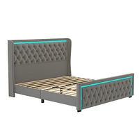 Grey Velvet King Bed Frame with Led Headboard
